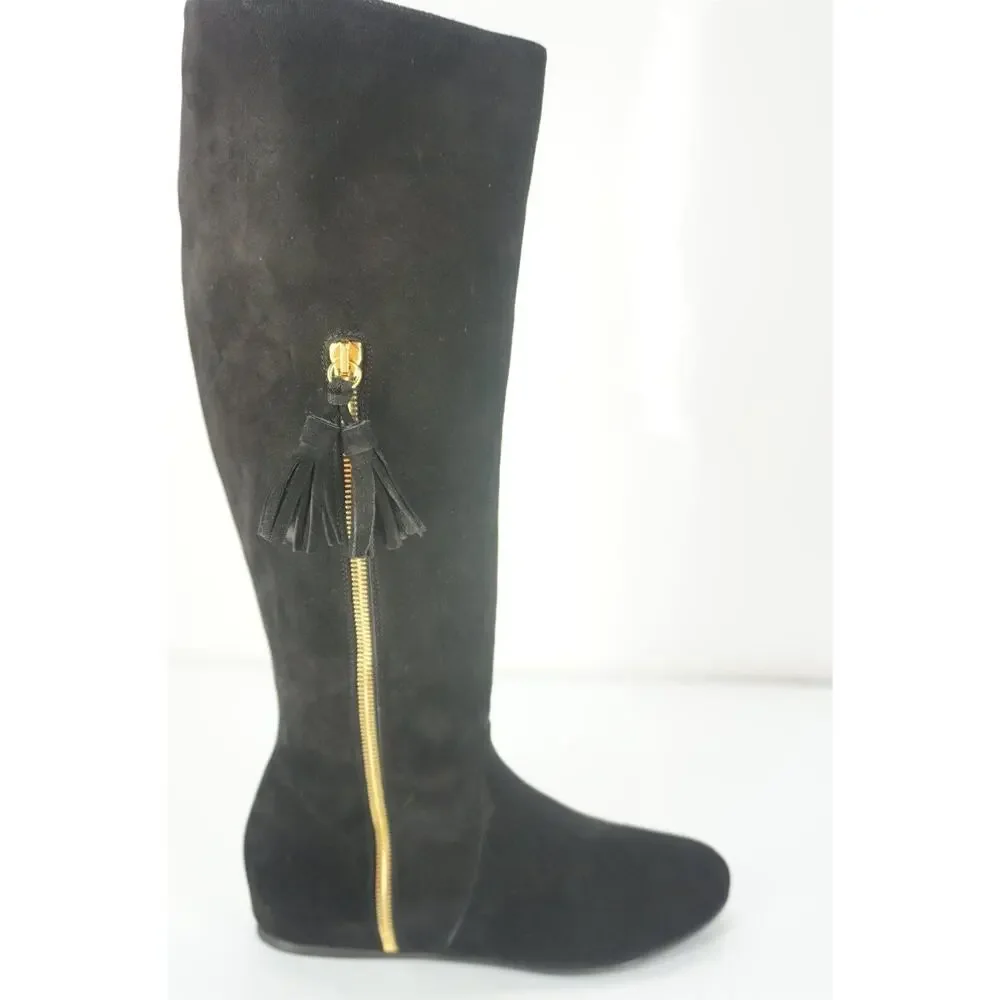 Stuart Weitzman Tass black suede wedge Tall boots size 6.5 New $635 gold zip